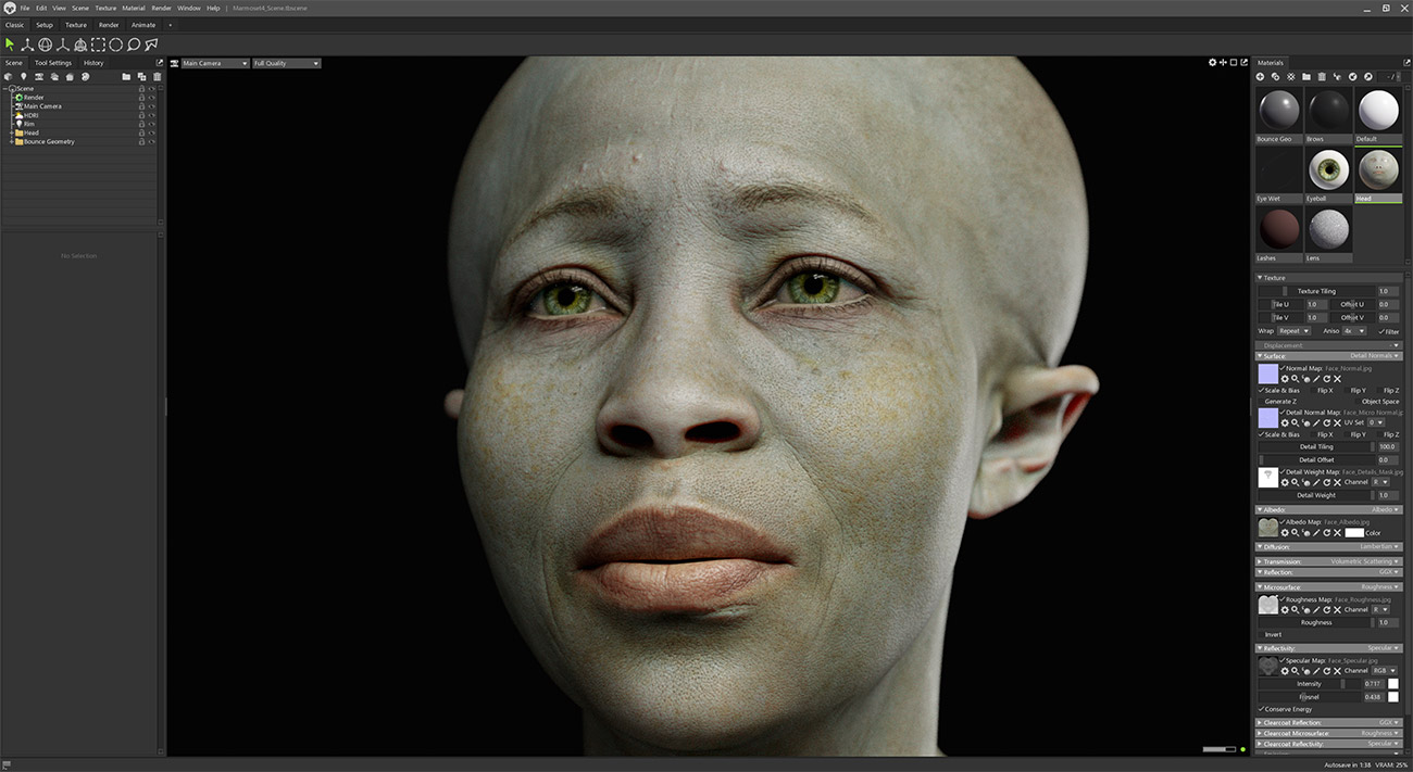 Marmoset Toolbag Render Scene with skin shader and lighting